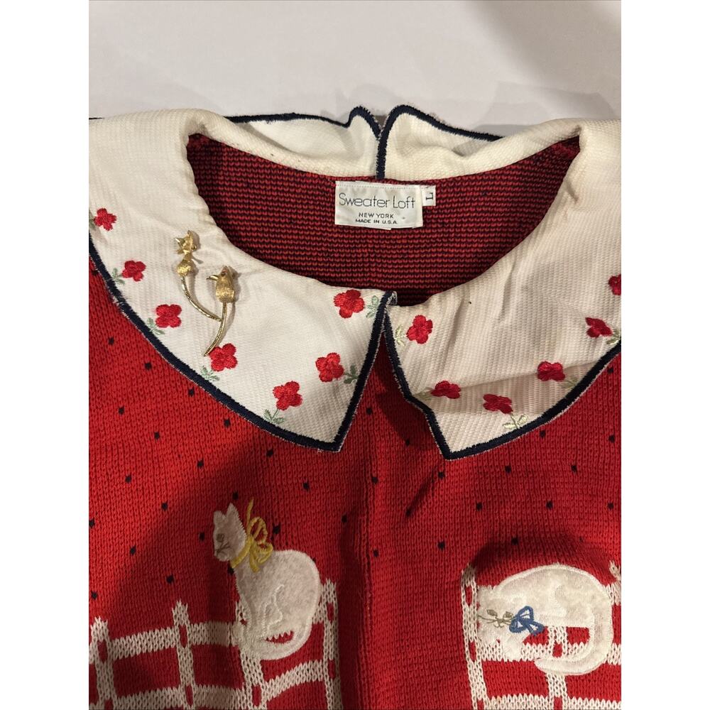 vtg Sweater Loft Womens L Knit Cat Floral Flower Red Cottage Core Grandma Kawaii - Picture 2 of 11